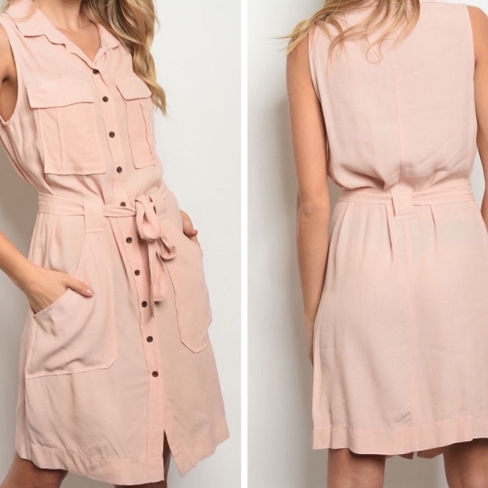 Pink Sleeveless Belted Shirt Dress,‎ Women's Size S